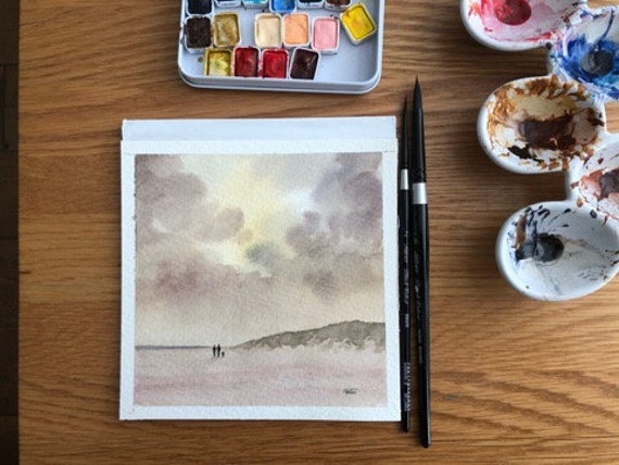 Square small original watercolour painting, Couple and dog on beach. Lovely, unique watercolor art gift direct from the artist, England UK