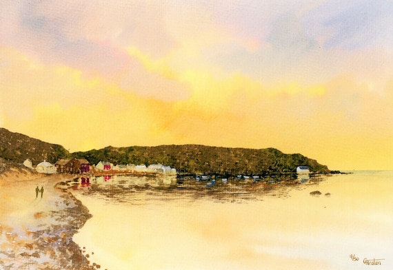 Porthdinllaen Sunset, Hand finished and personalised very limited edition print on watercolour paper, couple on beach, Nefyn Ty Coch, Wales