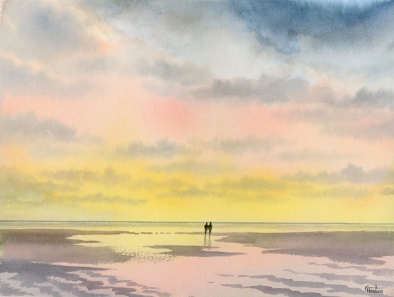 Original 16" x 12" watercolour painting, 'From A Distance' Couple on sunset beach, romantic watercolor, art gift, 100% cotton paper A3