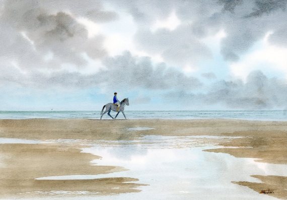 Original watercolour painting, horse rider on stormy beach, A4 size watercolor, original art gift direct from the artist in England UK