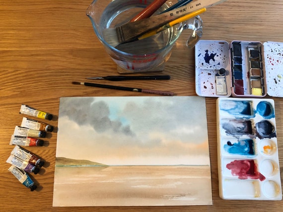 Ready to finish original A4 size watercolour painting, personalised for a bespoke finish, stormy beach, figures to be added, unique art gift
