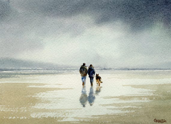 Original watercolour painting couple and German Shepherd dog on beach, bevel mounted hand painted unique art to fit 12 x 10 inch frame,