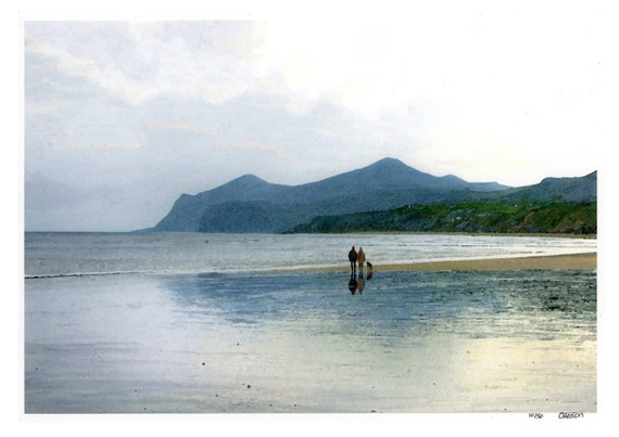 Nefyn Beach, couple and dog hand finished mounted limited edition print 14" x 11" mount, Morfa Nefyn, Llyn Peninsula