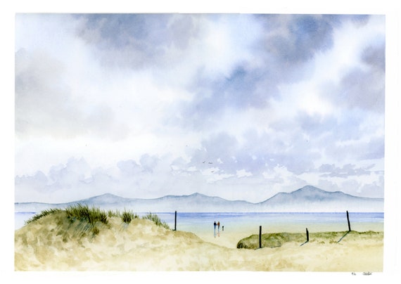 A3 size Newborough Beach, Anglesey, hand finished very limited edition print on watercolour paper, hand painted figures and dog, Wales