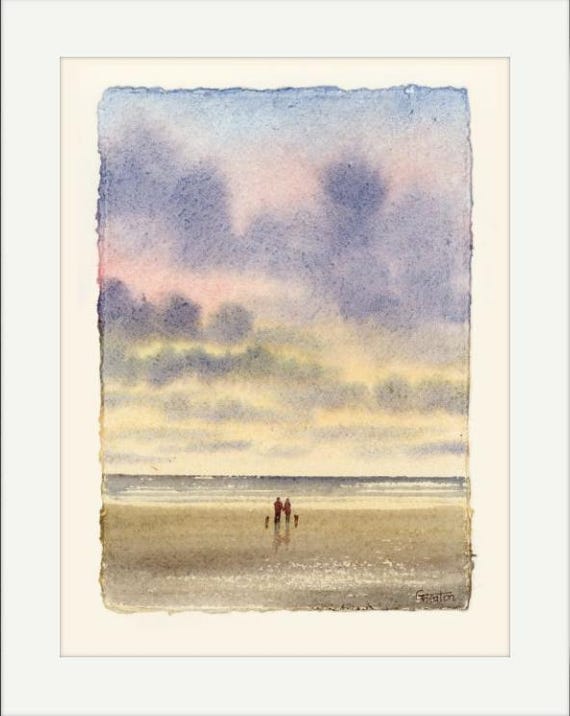 Original watercolour painting on handmade paper, couple and two dogs on sunset beach, romantic art gift mounted to fit 12 x 10 inch frame