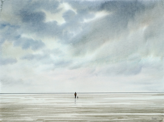Original watercolour painting, figure and dog walking on stormy beach, 32 cm x 24 cm watercolor art,  direct from the artist in UK