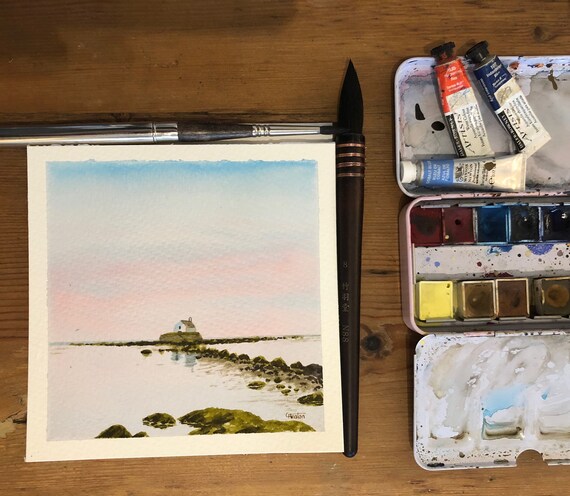 Porth Cwyfan, Anglesey. Square small original watercolour painting, St. Cwyfan church, lovely gift direct from the artist in UK