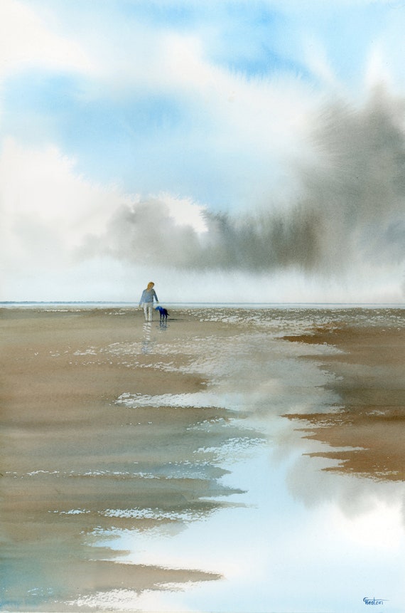 Original large 22" x 15" watercolour painting, figure and dog on beach, piece on 100% cotton paper, Black Labrador dog and, half Imperial