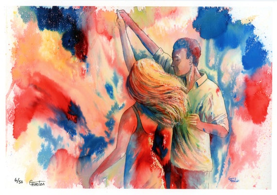 Limited edition just 50 worldwide fine art A4 print from an original watercolour 'Just One More Dance' signed and numbered, Salsa, swing