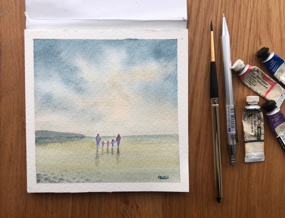 Family of 5 on beach, square small original watercolour beach painting, affordable hand painted watercolor gift with 3 children, unique art