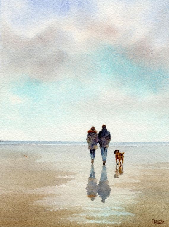 Original watercolour painting 'The Boxer', couple and dog on beach, bevel mounted hand painted unique art to fit 12 x 10 inch frame