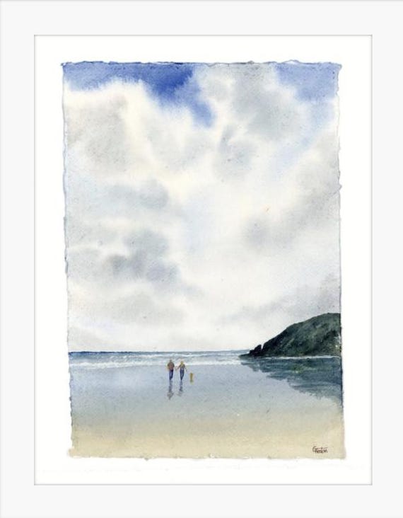 Original watercolour painting 'Walk On Black Rock Sands' on handmade paper, couple & dog on beach, mounted art to fit 16 x 12 inch frame