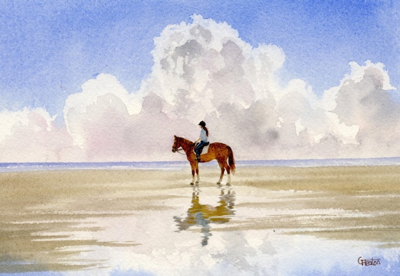 Original watercolour painting, horse rider on beach, bevel mounted hand painted unique equestrian art to fit 12 x 10 inch frame by G. Heaton