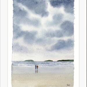 Abersoch Dipinto originale ad acquerello su carta fatta a mano con bordi frastagliati, coppia su spiaggia in tempesta, montato su cornice da 16 x 12 pollici di G Heaton