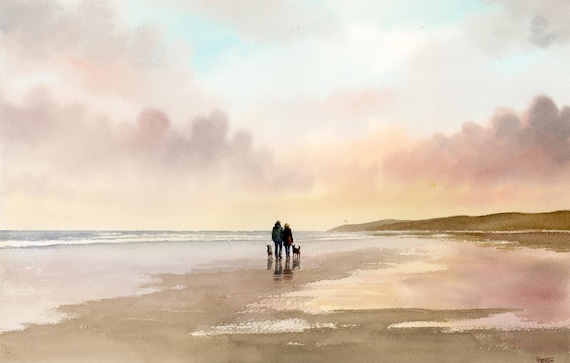Original watercolour painting 'Salty Dogs' , couple and dogs on beach, A3 size art on 100% cotton Arches paper by G Heaton