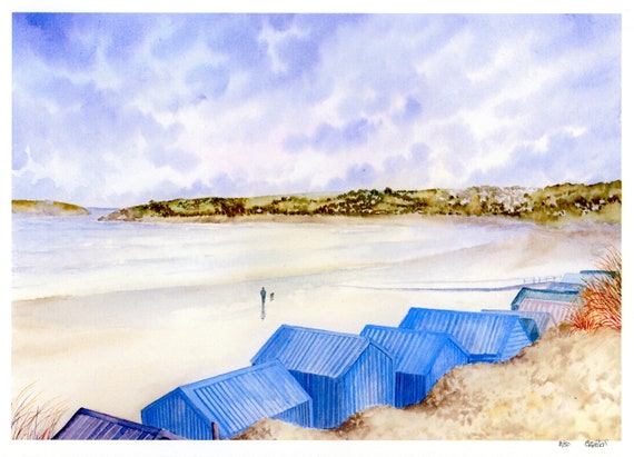 New for 2021 'Beach Huts, Abersoch', Hand finished figure and dog very limited edition print on watercolour paper, hand painted art gift