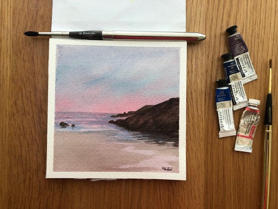 Porth Dafarch, Anglesey. Square small original watercolour twilight beach painting, affordable hand painted delicate watercolor gift, UK