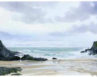 Porth Dafarch, Anglesey, Hand finished and personalised very limited edition prints on watercolour paper, couple on beach, dog on beach