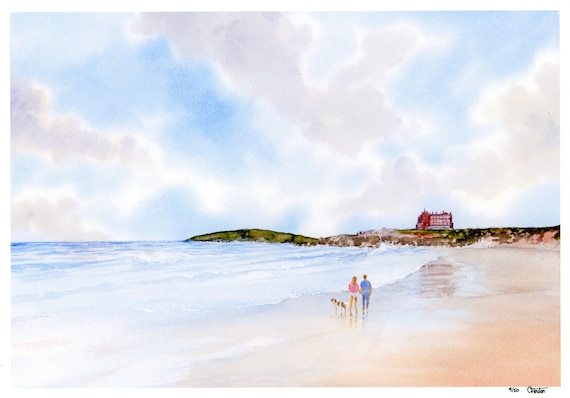 New for 2021 Couple and Springer Spaniel dog on Fistral Beach, Hand finished very limited edition print on watercolour paper, Newquay art