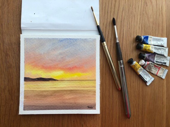 Square small original watercolour sunset beach painting, Cemaes Bay, Anglesey Wales. Affordable hand painted delicate watercolor gift, UK