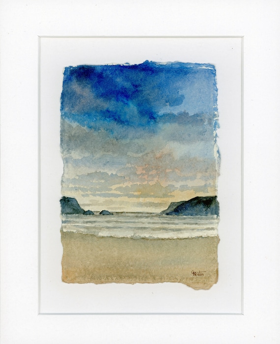 Original mounted deckled edged watercolour beach painting Porth Dafarch, Anglesey on handmade paper, stormy beach. Art gift UK
