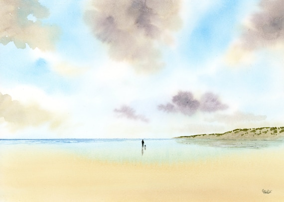 Original watercolour painting 'Social Distancing', figure and dog on beach, A4 size watercolor art direct from the artist in England, UK.