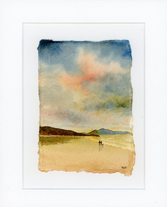 Original mounted deckled edged watercolour beach painting Aberffraw beach, Anglesey on handmade paper, couple and dog on beach. Art gift UK