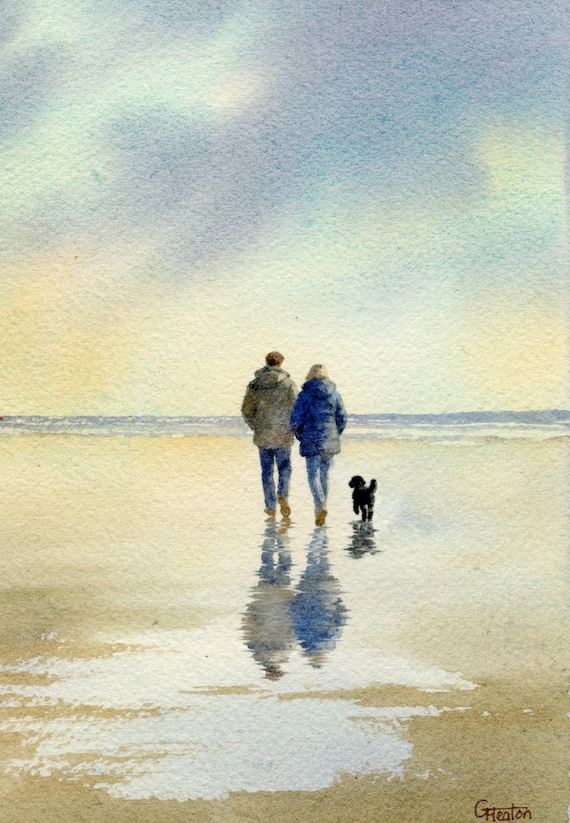Original watercolour painting couple and black dog on beach, bevel mounted hand painted unique art fit 12 x 10 inch frame, Cockapoo, Poodle