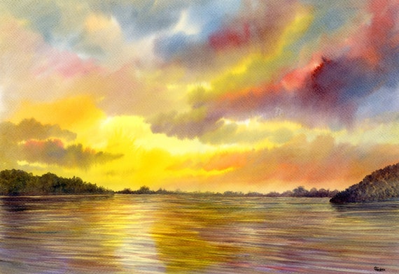 Anglezarke Sunset Original watercolour painting, 297 x 420 mm A3 size, Rivington Horwich, West Pennines, Lancashire Landscape watercolor