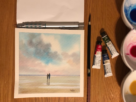 Square small original watercolour beach painting, couple on beach, affordable hand painted delicate romantic watercolor art gift UK
