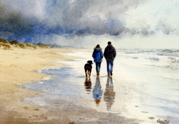 Original watercolour painting couple and Rottweiler dog on beach, bevel mounted hand painted unique art to fit 12 x 10 inch frame, art gift