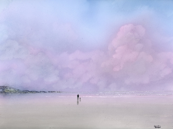 Original watercolour painting, 'Candy Floss Clouds' painted on Yupo paper, figure and dog on beach, modern art direct from artist in UK.