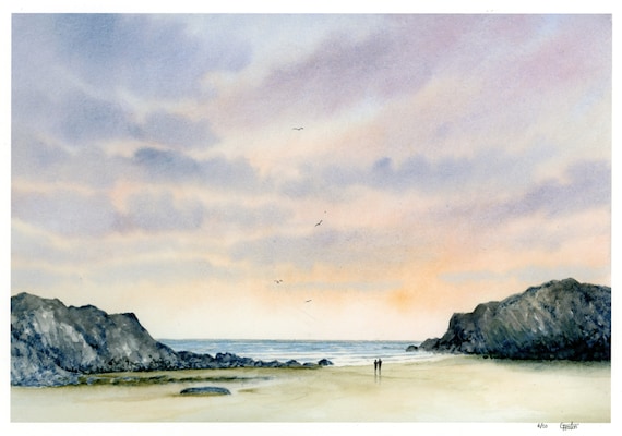 Porth Dafarch, hand finished very limited edition print on watercolour paper, hand painted figures on Anglesey beach, Wales