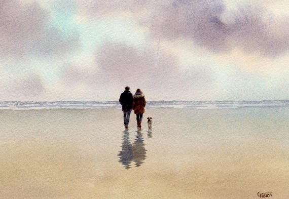 Original watercolour painting couple and Jack Russell Terrier dog on beach, bevel mounted hand painted unique art to fit 12 x 10 inch frame,