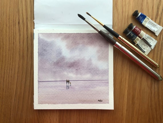 Square small original watercolour beach painting, couple and dog on stormy beach, affordable hand painted delicate watercolor gift, UK
