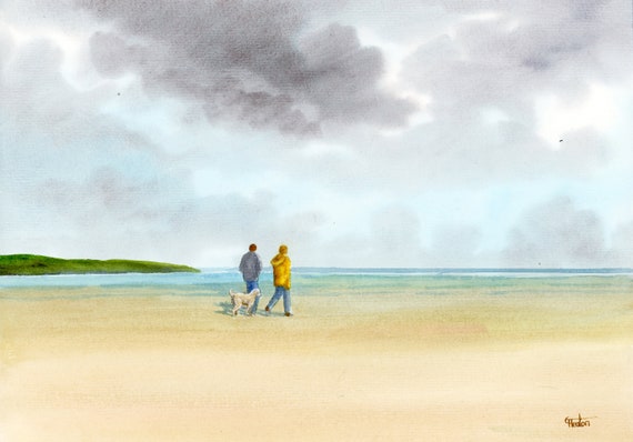 Original watercolour painting, couple and dog on beach, A4 size watercolor, original art gift from the artist England UK. Labradoodle Poodle