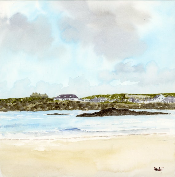 Original 8" x 8" watercolour painting Trearddur Bay, Anglesey, Wales. Watercolor art direct from the artist. 20.32 cm x 20.32 cm square