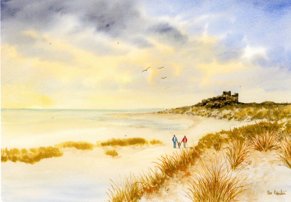 Bamburgh Castle, Hand finished and personalised very limited edition print on watercolour paper, couple and child on beach unique art gift