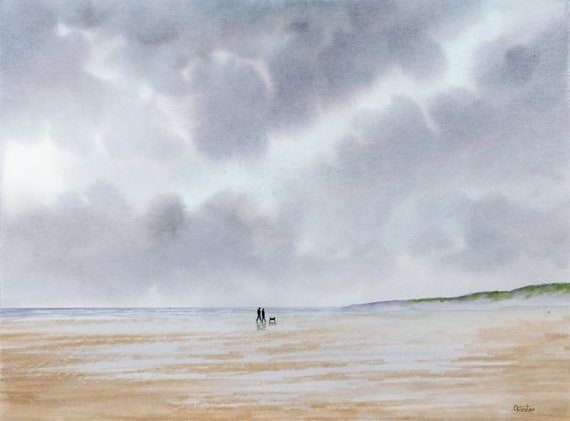 Original watercolour painting, couple and dog walking on stormy beach, 32 cm x 24 cm watercolor art, storm clouds direct from the artist  UK
