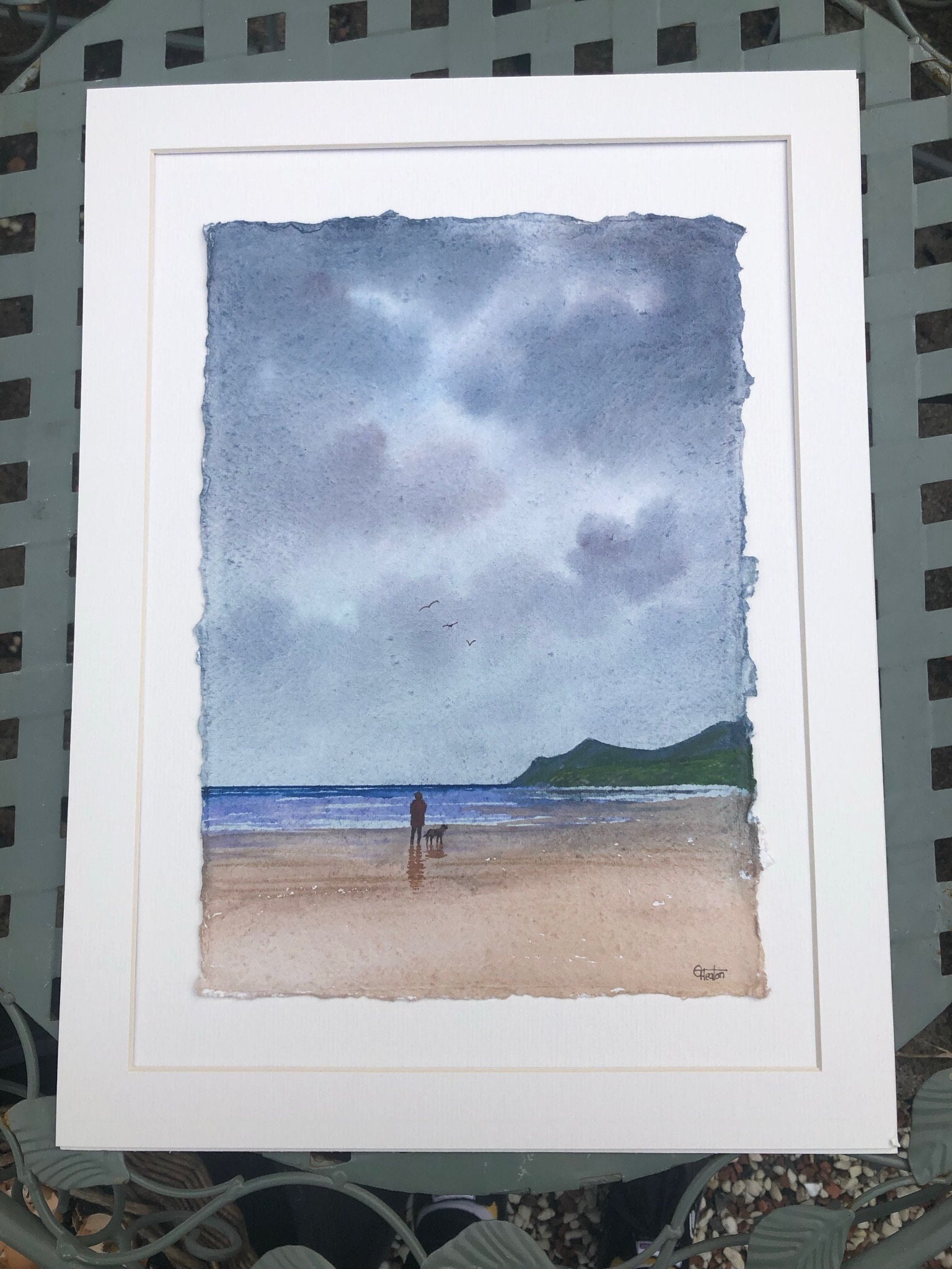 Original 16 x 12 mounted deckled edged watercolour beach painting on handmade paper. 'October