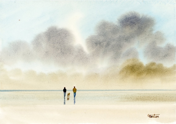Original small watercolour beach painting, couple and dogon beach, hand painted watercolor gift A5 Size, UK artist. Stormy beach watercolor