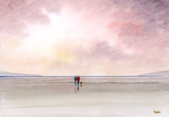 Original watercolour painting, 'October Skies' couple and dog on beach, A4 size watercolor, original art gift from the artist England UK.
