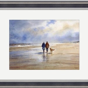 Original watercolour painting 'Golden Days' , couple and Golden Retriever dog on beach, A3 size art on 100% cotton Arches paper by G Heaton image 4