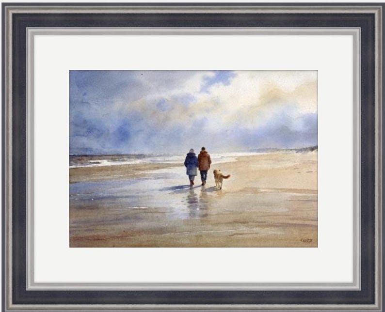Original watercolour painting 'Golden Days' , couple and Golden Retriever dog on beach, A3 size art on 100% cotton Arches paper by G Heaton image 4