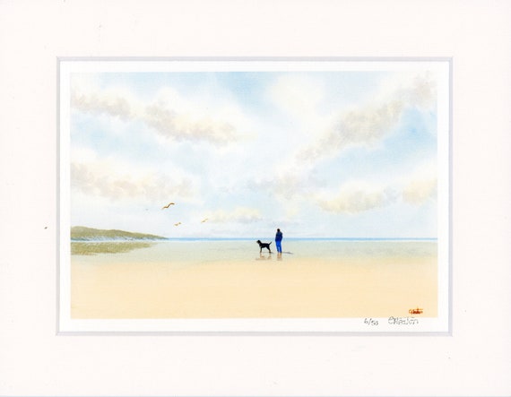 Mounted 9" x 7" Limited Edition Print on watercolour paper, man and Rottweiler dog on beach from an original watercolour painting England UK