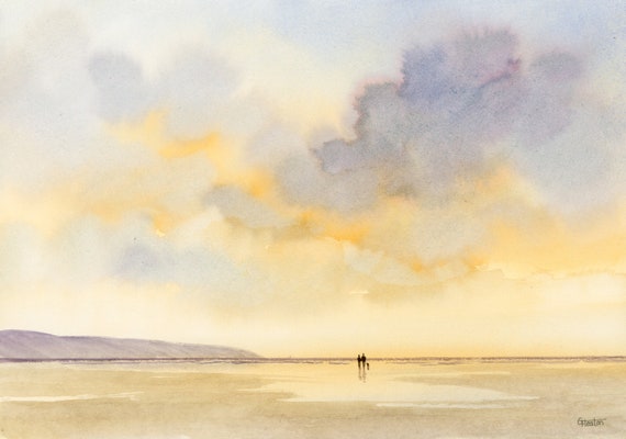 Original watercolour painting 'One Moment In Time', Couple and dog on beach, A4 size watercolor art direct from the artist in England, UK.