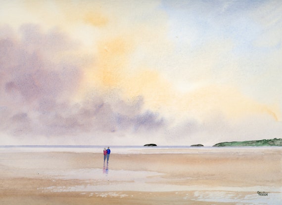 Original watercolour painting, Couple on Abersoch beach, Wales 32 cm x 24 cm watercolor, romantic art gift, Valentine, anniversary, wedding