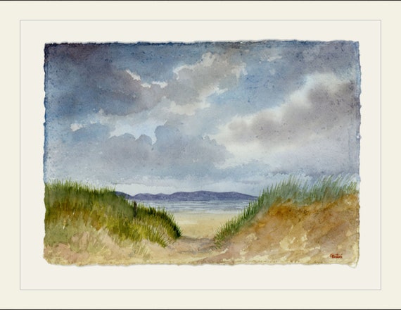 Original 16" x 12" mounted deckled edged watercolour beach painting on handmade paper. Newborough Warren, sand dunes. Unique Art from UK