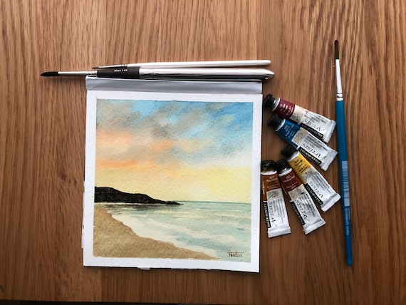 Whistling Sands, Porthor beach, Wales. Square small original watercolour sunset beach painting, hand painted watercolor art gift, UK artist