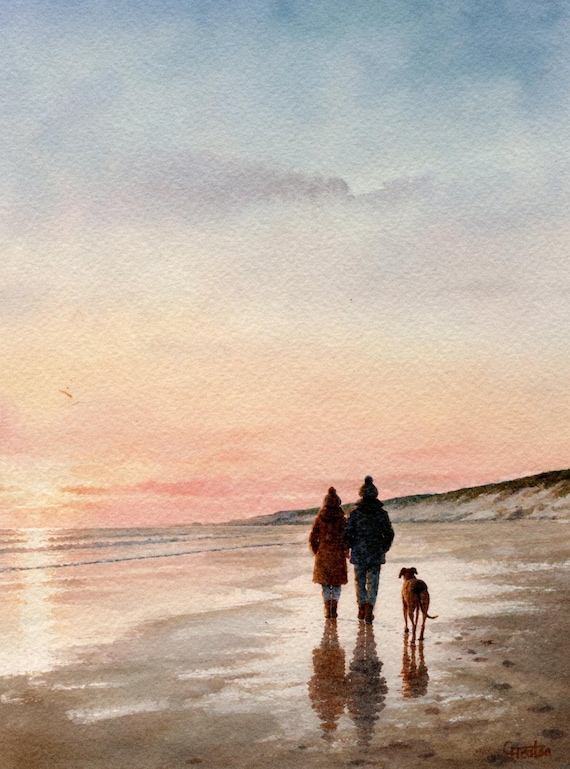 Original watercolour painting, couple and Greyhound dog on beach, bevel mounted hand painted unique art to fit 12 x 10 inch frame